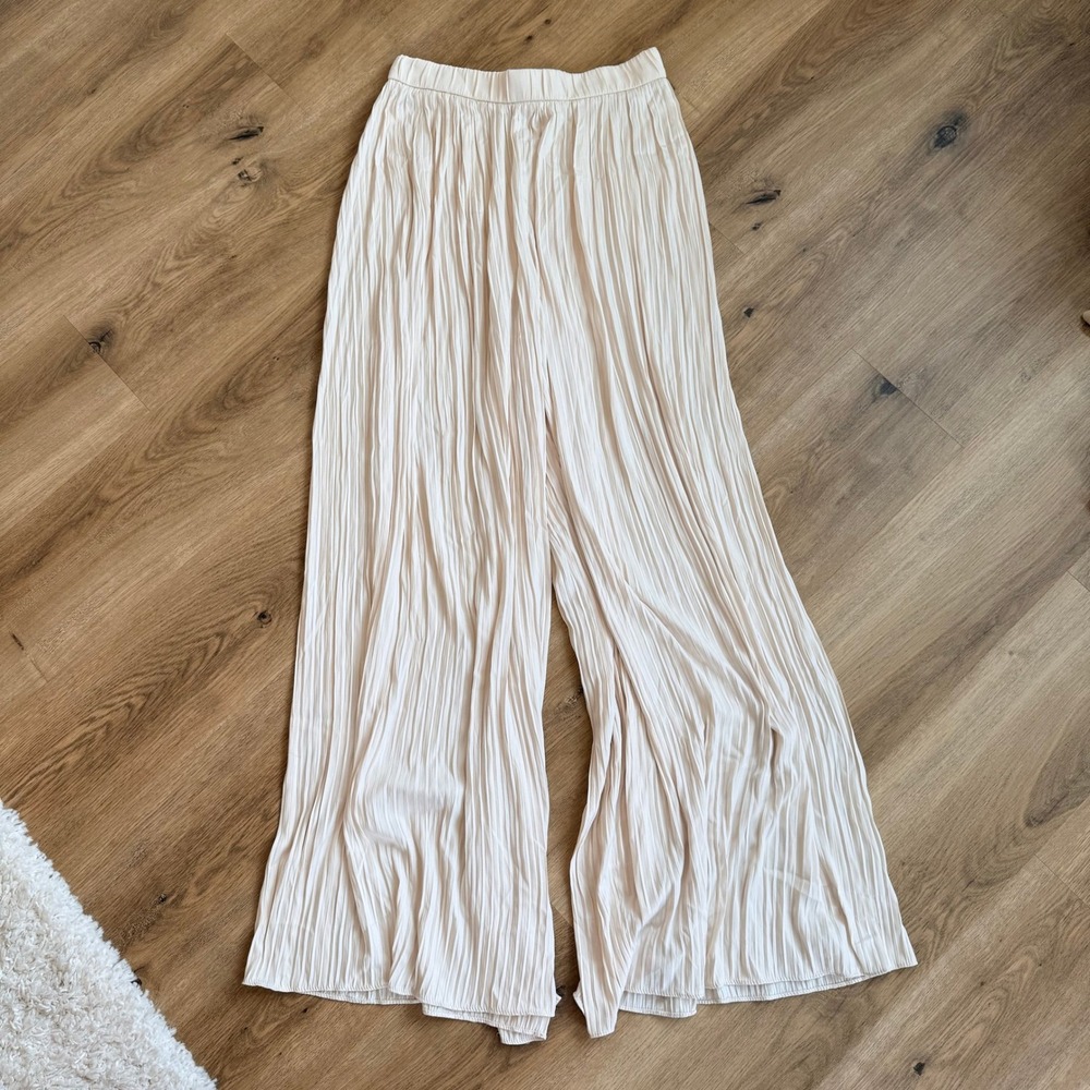 Zara Women Cream Beige Pleated Wide Leg Plisse Pants Size M Elastic Waist